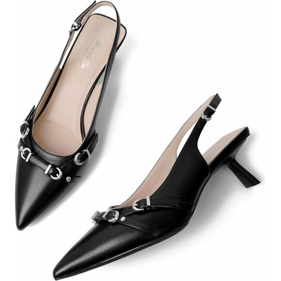 Mostrin Kitten Heels BlackFaux Leather Low Slingback Heels with Buckle - Picture 9 of 9